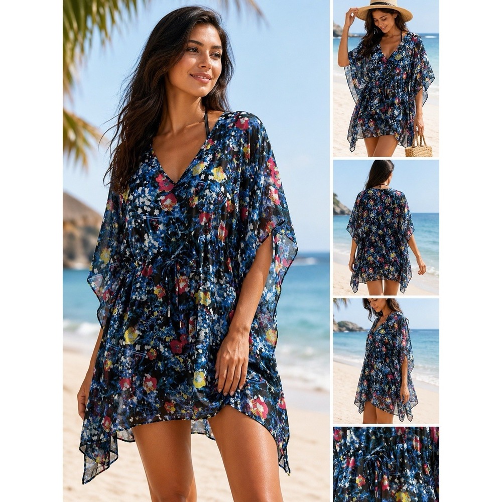 Calvin Klein Swim Cover-Up Women's XL Blue Floral Sheer Kaftan Flutter Sleeve